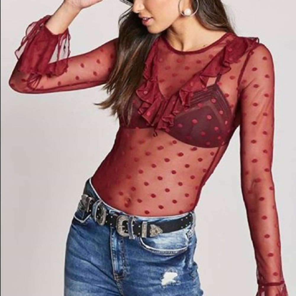 Forever 21 polka dot sheer mesh top new Burgundy